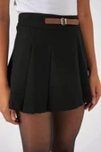 4335 Kemerli Mini Şort Etek - Siyah - 4