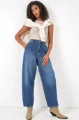 6688 Yüksek Bel Baggy Kot Pantolon - Lacivert - 1