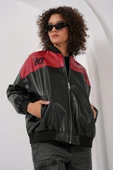 0698 Baskılı Suni Deri Bomber Ceket - Bordo - 4