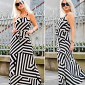 Kadın Ayarlanabilir Askılı Geometrik Desen Kuşaklı Gipeli Süprem Elbise thumbnail 5