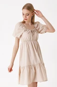 2351 Kloş Poplin Elbise - Bej - 4