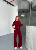 Osy Modal Yumuşak Dokulu Kumaş   Kısa Kollu Bluz Rahat Pantalon Ikili Takım- Bordo - 1