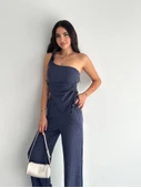 Asimetrik Crop Pantalon Ikili Takım - Lacivert - 4