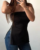 Kadın Kolsuz Iki Yanı Fermuarlı Straplez Dalgıç Bluz thumbnail 2