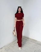 Kadın Kısa Kollu Bluz Ve Yüksek Bel Bol Baça Pantolon Ikili Takım - 1