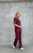 Osy Modal Yumuşak Dokulu Kumaş Bisiklet Yaka Taş Detaylı Kısa Kollu Takım - Bordo - 1