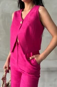 KETEN TEK DÜĞME YELEK-PANTOLON TAKIM - Pembe - 2
