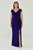 Alfa Beta Kadın V Yaka Kısa Kollu Yırtmaçlı Uzun Abiye Elbise thumbnail 12