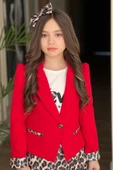 Kız Çocuk Love Yazı Baskı Bluz Leopar Detaylı Kırmızı Blazer Ceket Leopar Detay Pullu Etekli Takım thumbnail 10