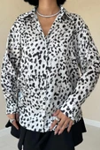 Ekru Leopar Desenli Saten Gömlek - 3