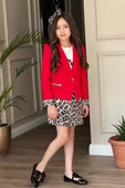 Kız Çocuk Love Yazı Baskı Bluz Leopar Detaylı Kırmızı Blazer Ceket Leopar Detay Pullu Etekli Takım thumbnail 4