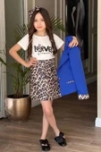 Kız Çocuk Love Yazı Baskı Bluz Leopar Detaylı Mavi Blazer Ceket Leopar Detay Pullu Etekli Takım thumbnail 1
