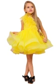Kız Çocuk Omuzdan Göğse Tüylü Tek Omuz Eteği Kabarık Tüllü Sarı Abiye thumbnail 4