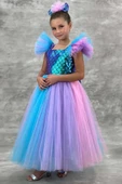 Kız Çocuk Kare Yaka Sıfır Kol Omuzları Tül Detaylı Göğsü Pullu Eteği Rengarenk Tüllü Abiye thumbnail 1