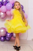 Kız Çocuk Omuzdan Göğse Tüylü Tek Omuz Eteği Kabarık Tüllü Sarı Abiye thumbnail 8