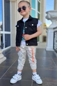 Erkek Çocuk Kaplan Detaylı T-shirt Sırt Baskılı Kolsuz Siyah Jean Ceket Kargo Cepli Alt Üst Takım thumbnail 7