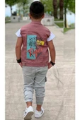 Erkek Çocuk Kaplan Detaylı T-shirt Sırt Baskılı Kolsuz Pudra Jean Ceket Kargo Cepli Alt Üst Takım - 4