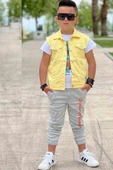 Erkek Çocuk Kaplan Detaylı T-shirt Sırt Baskılı Kolsuz Sarı Jean Ceket Kargo Cepli Alt Üst Takım - 1