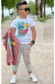 Erkek Çocuk Kaplan Detaylı T-shirt Sırt Baskılı Kolsuz Pudra Jean Ceket Kargo Cepli Alt Üst Takım - 3