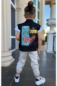 Erkek Çocuk Kaplan Detaylı T-shirt Sırt Baskılı Kolsuz Siyah Jean Ceket Kargo Cepli Alt Üst Takım - 2