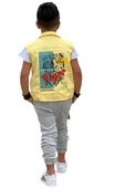 Erkek Çocuk Kaplan Detaylı T-shirt Sırt Baskılı Kolsuz Sarı Jean Ceket Kargo Cepli Alt Üst Takım - 8