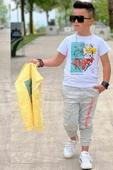 Erkek Çocuk Kaplan Detaylı T-shirt Sırt Baskılı Kolsuz Sarı Jean Ceket Kargo Cepli Alt Üst Takım - 4