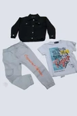 Erkek Çocuk Kaplan Detaylı T-shirt Sırt Baskılı Siyah Jean Ceket Kargo Cepli Alt Üst Takım - 3