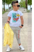 Erkek Çocuk Kaplan Detaylı T-shirt Sırt Baskılı Sarı Jean Ceket Kargo Cepli Alt Üst Takım - 3