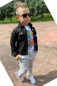 Erkek Çocuk Kaplan Detaylı T-shirt Sırt Baskılı Siyah Jean Ceket Kargo Cepli Alt Üst Takım - 1