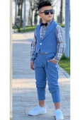 Erkek Çocuk Gümüş Düğme Detaylı Yelek Papyonlu Ekose Çizgili Gömlek Mavi Alt Üst Takım thumbnail 3
