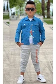 Erkek Çocuk Kaplan Detaylı T-shirt Sırt Baskılı Mavi Jean Ceket Kargo Cepli Alt Üst Takım thumbnail 1