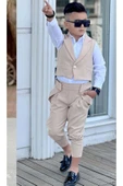 Erkek Çocuk Gümüş Düğme Detaylı Yelek Gabardin Beyaz Gömlek Krem Alt Üst Takım thumbnail 3