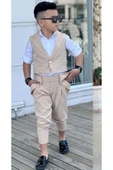 Erkek Çocuk Gümüş Düğme Detaylı Yelek Gabardin Beyaz Gömlek Krem Alt Üst Takım thumbnail 4