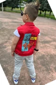 Erkek Çocuk Kaplan Detaylı T-shirt Sırt Baskılı Kolsuz Kırmızı Jean Ceket Kargo Cepli Alt Üst Takım - 10