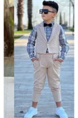 Erkek Çocuk Gümüş Düğme Detaylı Yelek Papyonlu Ekose Çizgili Gömlek Krem Alt Üst Takım thumbnail 2