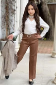 Kız Çocuk Yakası Açık Ve Taş Detaylı Bluz Ekose Çizgi Blazer Ceket Kemerli Taba Alt Üst Takım thumbnail 3