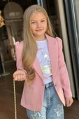 Kız Çocuk Baskılı T-shirt Bol Kesim Yıldız Detaylı Jean Pantolon Pudra Blazer Ceket Alt Üst Takım - 4