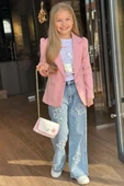 Kız Çocuk Baskılı T-shirt Bol Kesim Yıldız Detaylı Jean Pantolon Pudra Blazer Ceket Alt Üst Takım - 1