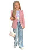 Kız Çocuk Baskılı T-shirt Bol Kesim Yıldız Detaylı Jean Pantolon Pudra Blazer Ceket Alt Üst Takım - 6