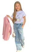Kız Çocuk Baskılı T-shirt Bol Kesim Yıldız Detaylı Jean Pantolon Pudra Blazer Ceket Alt Üst Takım - 7
