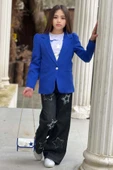 Kız Çocuk Baskılı T-shirt Bol Kesim Yıldız Detaylı Jean Pantolon Mavi Blazer Ceket Alt Üst Takım - 1
