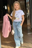 Kız Çocuk Baskılı T-shirt Bol Kesim Yıldız Detaylı Jean Pantolon Pudra Blazer Ceket Alt Üst Takım - 3