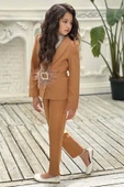 Kız Çocuk Yakası Fırfır Tüllü Dik Yaka Kazak Blazer Ceket Kırçılı Kemer Kahverengi Alt Üst Takım - 2