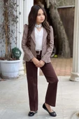 Kız Çocuk Yakası Açık Ve Taş Detaylı Bluz Ekose Çizgi Blazer Ceket Kemerli Kahverengi Alt Üst Takım thumbnail 2