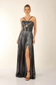 Alfa Beta İp Askılı Önden Yırtmaçlı Parlak Şifon Uzun Abiye Elbise - 6