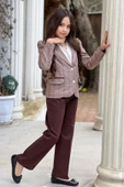 Kız Çocuk Yakası Açık Ve Taş Detaylı Bluz Ekose Çizgi Blazer Ceket Kemerli Kahverengi Alt Üst Takım thumbnail 1
