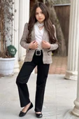 Kız Çocuk Yakası Açık Ve Taş Detaylı Bluz Ekose Çizgi Blazer Ceket Kemerli Siyah Alt Üst Takım - 1
