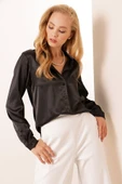 3964 Hafif Dökümlü Saten Gömlek - Siyah thumbnail 2