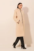 9132 Kapüşonlu Peluş Kaban - Krem - 4