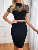 Kadın Kısa Kollu Yarı Balıkçı Yaka Dantelli Straplez Ithal Krep Crop Bluz Ve Etek Ikili Takım - 3